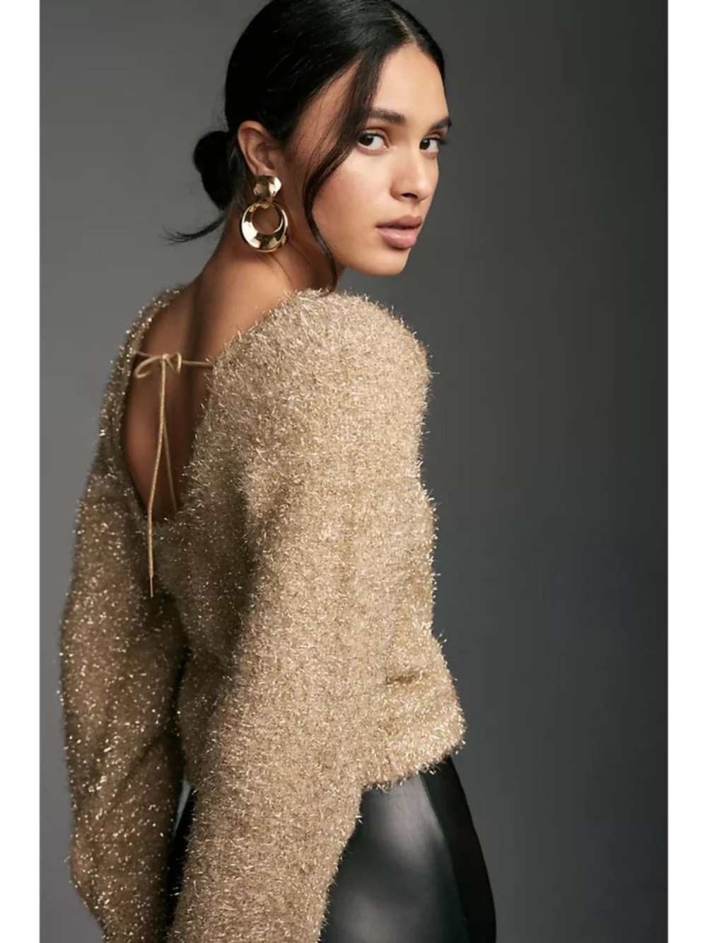 Anthropologie Gold Metallic Eyelash Sweater Balloon Sleeve Tie Back